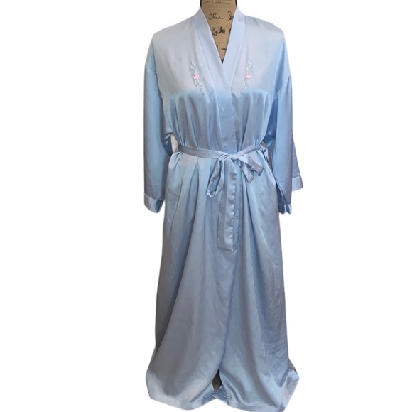 Vintage Barbizon Full Length Robe Blue Embroidered Pink Flowers Belted Size M - Picture 1 of 14
